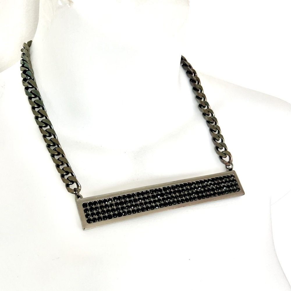 Full Pave Black Diamond ID Bar Costume Necklace Ceramic Link In Gunmetal Black